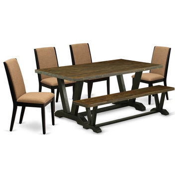 East West Furniture V-Style 6-piece Wood Dining Set with Cushion Seat in Black