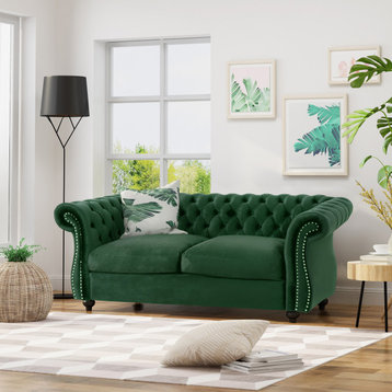 GDF Studio Karen Traditional Chesterfield Loveseat Sofa, Emerald/Dark Brown