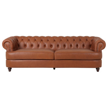 Saley Leather Tufted 3 Seater Sofa With Nailhead Trim, Cognac and Dark Brown