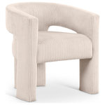 Meridian Furniture - Riz Upholstered Chair, Beige, Microsuede Corduroy - The Riz beige corduroy upholstered accent chair offers a modern twist on classic comfort. Crafted from soft, textured corduroy, this chair invites you to relax in style while its curved barrel design brings a touch of elegance to any room. The wide ribbed fabric enhances both the aesthetic and tactile appeal, making it the perfect blend of sophistication and cozy charm.