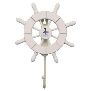 White Decorative Ship Wheel with Sailboat and Hook 8' - Ship Wheel Decor - Na