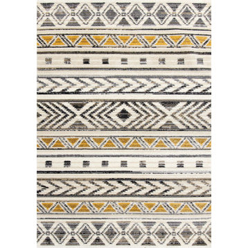 Cali Collection Yellow Gray Cream Tribal Stripes Rug, 5'3"x7'7"