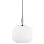 Hudson Valley - Ingels 1-Light Pendant, Polished Nickel - Ingels' elliptical-shaped opal matte glass shade is a refreshing update on a traditional globe. The intricate, buckle-like detail connecting the shade and stem adds a fashionable element to this stand-out pendant. Versatile and usable, Ingels is available in three sizes and two classic finishes.