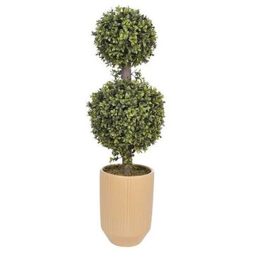 Artificial Double Ball Boxwood Topiary in Yellow Ceramic Vase