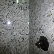Remodeled small Master Bath using Cambria quartz in Praa Sands