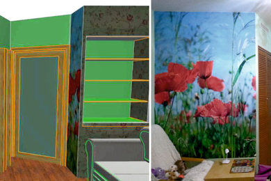 Идея дизайна: детская среднего размера в современном стиле с рабочим местом, зелеными стенами, полом из ламината и бежевым полом для ребенка от 4 до 10 лет, девочки