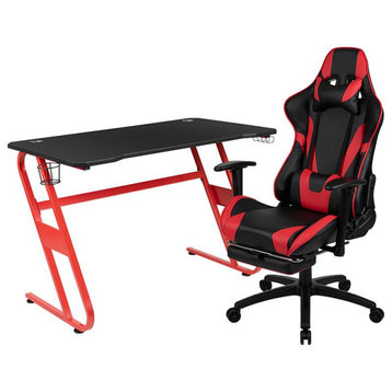 Red Gaming Desk and Red/Black Footrest Reclining Gaming Chair Set with Cup...