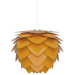 UMAGE - Aluvia Plug-In Pendant, Medium, Saffron/White - Modern. Elegant. Striking. The VITA Aluvia is an artistic assemblage of 60 precision-cut aluminum leaves, overlapping each other on a durable polycarbonate frame. These metal leaves surround the light source, emitting glare-free, ambient light.  The underside of each leaf is painted white for increased light reflection, and the exterior is finished in one of six designer colors. Available in two sizes, the Medium (18.9"h x 23.3"w) can be used as a pendant or hanging wall lamp, while the Mini (11.8"h x 15.7"w) is available as a pendant, table lamp, floor lamp or hanging wall lamp. Hang it over the dining table, position it in a corner, or use as a statement piece anywhere; the Aluvia makes an artistic impact in any room.
