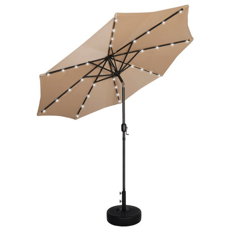 WestinTrends 9Ft Outdoor Patio Solar Power LED Market Umbrella, Black Round Base, Beige