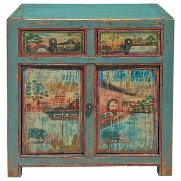 Chinese Distressed Turquoise Blue Old Graphic Credenza Cabinet Hcs7312