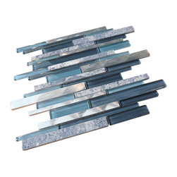 Glossy Blue Glass and Blue Stone Random Brick Straight Pattern Glass Mosaic Tile - Home Accessories & Decor