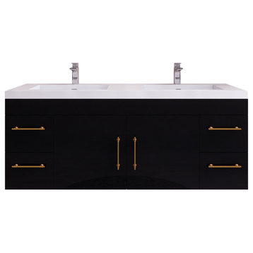 Rosa 60" Double Sink Wall Mounted Vanity with Reinforced Acrylic Sinks, High Gloss Black