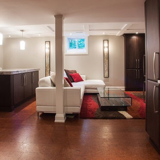 Medium sized traditional look-out basement in Ottawa with grey walls, cork flooring and no fireplace.