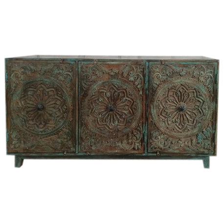 Consigned Antique Blue Sideboard Credenza Medallion TV Table