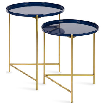 Se of 2 Nesting End Table, Triangular Metal Base With Round Top, Navy Blue/Gold