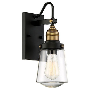 Macauley 1-Light Outdoor Wall Lantern, Vintage Black With Warm Brass