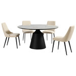 Armen Living - Knox Genesis 5 Piece Dining Set with Stone Top and Faux Leather Chairs, Beige - Enjoy an intimate meal or host a dinner party with the Knox Genesis 5 Piece Dining Set with Stone Top and Faux Leather Chairs. This set includes 1 Knox dining table and 4 Genesis dining chairs. The Genesis dining chair features a beautifully sculpted back to attain a tailored and inviting look. Perched upon slender black metal legs, the Genesis dining room chair keeps your home looking airy and spacious. Its tall back beautifully widens at the bottom to provide exceptional lumbar support and comfort. Finished off with a padded seat, our dining table chair offers a comfortable seat anywhere in your dining room, kitchen, living area, or home office. The dining chair is upholstered in UV and stain-resistant faux leather which does not crack or fade easily to offer easy maintenance. The refined and distinctive silhouette of the dining table attains a statement-making appeal in any room. It features a perfectly rounded tabletop perched upon an eye-catching pedestal base. Its sintered stone tabletop depicts the graceful and natural textures of white marble to add a polished touch to your casual or formal meals. This tabletop is resistant to etching, scratches, burns, and stains as a durable yet elegant alternative to quartz. It is perched upon a black metal base to attain contrast and a versatile appeal. The round dining table can comfortably seat up to six individuals for enjoying meals in your kitchen, dining room, or living space. A 55" round shape allows the table to function as a natural hub for conversations. The Knox Genesis dining set is available in 5 or 7 piece set configurations and features a white stone tabletop with black metal base and your choice of taupe gray or beige faux leather upholstered dining chairs.