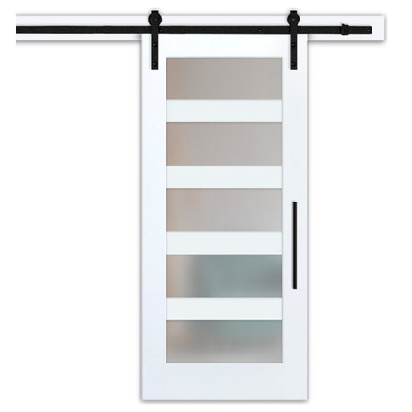 5 Lite Sliding Barn Door with Frosted, Clear, or Textured Glass Insert, 40"x84", Finished (Painted)