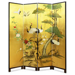 China Furniture and Arts - Gold Leaf Cranes and Peony Asian Floor Screen - Well known in Chinese culture, the crane and the pine tree are paired to symbolize longevity. Hand-painted on gold-leafed surface, our four-panel floor screen not only provides artistic decoration but is also an indispensable item for Feng Shui arrangement. Gold bamboo trees are softly painted on the back against black background.