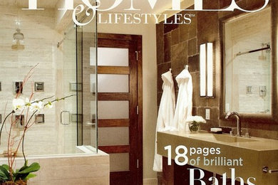 Imagen de cuarto de baño principal contemporáneo grande con baldosas y/o azulejos multicolor, baldosas y/o azulejos de piedra y suelo multicolor