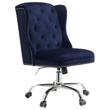 Benzara BM225735 Velvet Armless Swivel & Adjustable Tufted Office Chair, Blue