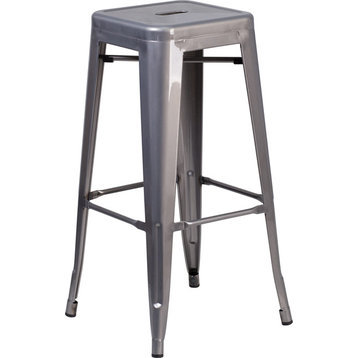 30" High Backless Clear Coated Metal Indoor Barstool With Square Seat