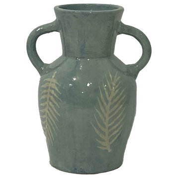 Sagebrook Home Contemporary Terracotta Leaf Eared Vase, Green Finish 17546-02