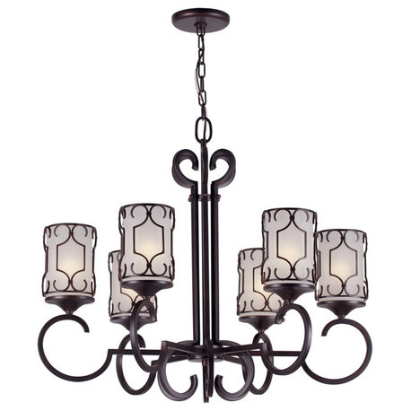 6 Light Chandelier, Antique Bronze, White Linen Glass