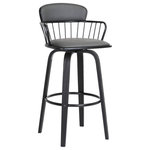 Armen Living - Willow Swivel Black Wood Counter Stool Gray Faux Leather With Black Metal, 25.5" - Give a chic and stylish upgrade to your home bar or eat-in-kitchens with our Willow Upholstered Swivel Bar or Counter Stool. A curved and hugging silhouette is molded from metal to attain a sleek and airy design that is perfect for styling and refreshing your kitchen or lounge. This modern bar stool is completed with a generously padded wooden backrest and seat to deliver sink-in comfort. Our counter stool is upholstered in faux leather which does not crack or fade easily; the material is both stain and UV resistant for easy maintenance and longevity. Completed with a beautifully streamlined and modern design, the barstool can be used anywhere from your kitchen to a home office. It can complement a kitchen island, pub table, home bar, or adjustable desk for elevated style and functionality. The counter stool features a wonderful 360-degree swivel function with a smooth gliding system so that you can join in conversation coming from any direction. Designed with quality and comfort in mind, our modern bar stool can serve you for years to come. The Willow swivel bar or counter stool easily incorporates into any home and is available in your choice of 25.5-inch or 30-inch seat height. Available in a walnut wood and Golden Bronze metal finish with your choice of gray or black faux leather or a black wood and metal finish with gray faux leather upholstery.