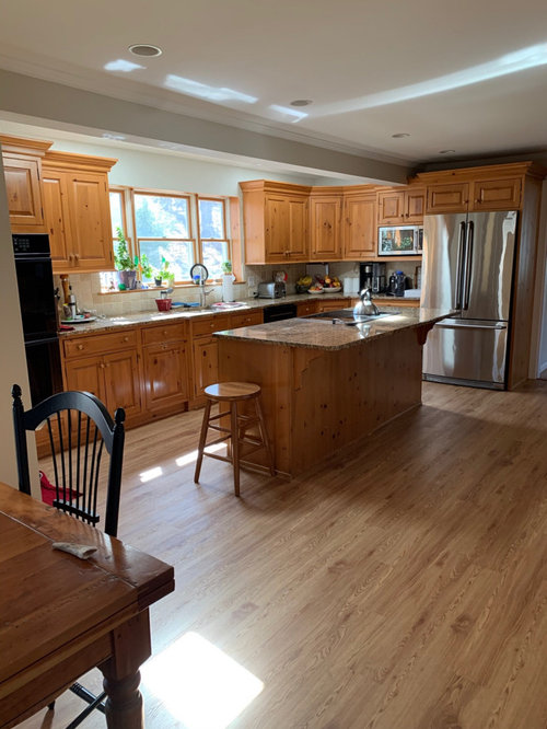 Kitchen update-how to incorporate current pine with painted cabinets.