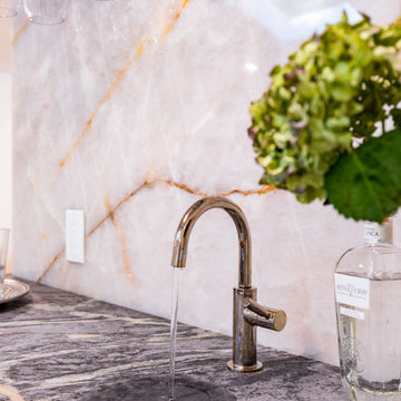 Morning Frost Quartz Full-Height Backsplash with a Stone Integrated Sink