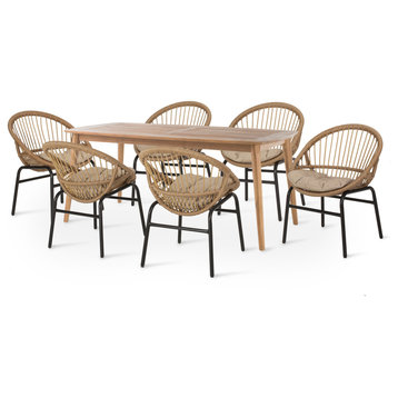Waldron Outdoor Wicker and Acacia Wood 7 Piece Dining Set With Cushion