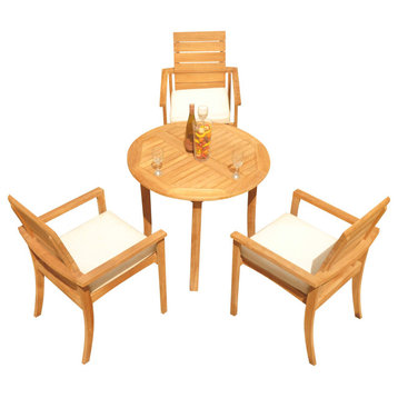 4-Piece Outdoor Teak Dining Set: 36" Round Table, 3 Alps Stacking Arm Chairs