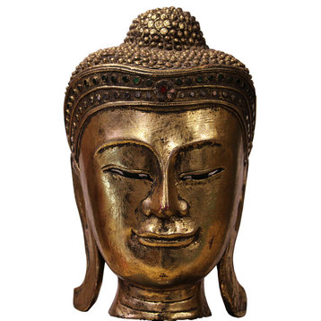Handcrafted Wood Gold Color Serene Peaceful Meditate Buddha Head On Stand hn271