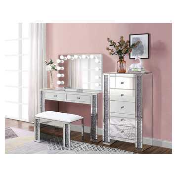 Makeup Station With 2-Drawer Console and Dimmable Glam Mirror, 4 Piece Set