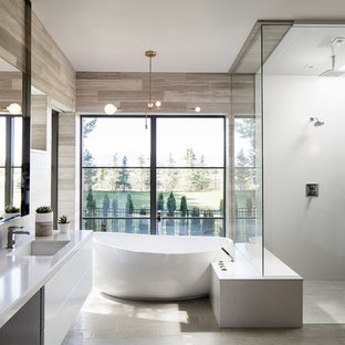 Bathroom - contemporary master bathroom idea in Salt Lake City with flat-panel cabinets, white cabinets, an undermount sink and a hinged shower door