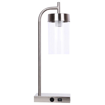 21" Brushed Nickel Desk Lamp With USB Port in Base, Clear Glass Shade