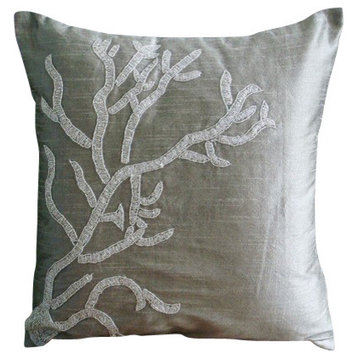 Coral Design 14"x14" Art Silk Silver Pillows Cover, Coral Adornment