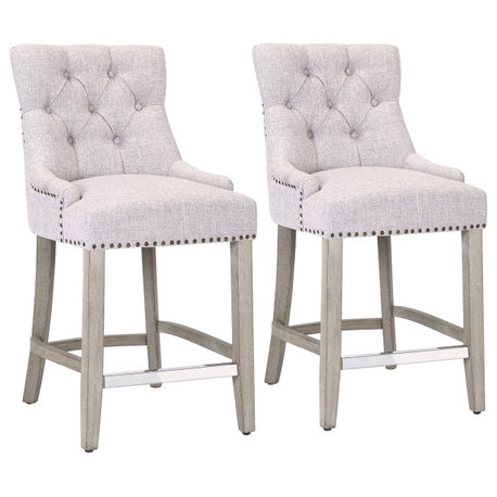 Hayes 24" Upholstered Tufted Wood Bar Stool (Set of 2), Antique Gray