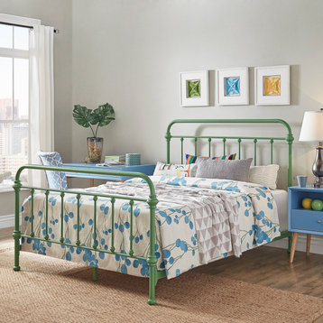 Solid Bed Frame, Spindle Accent Metal Construction, Meadow Green, Queen