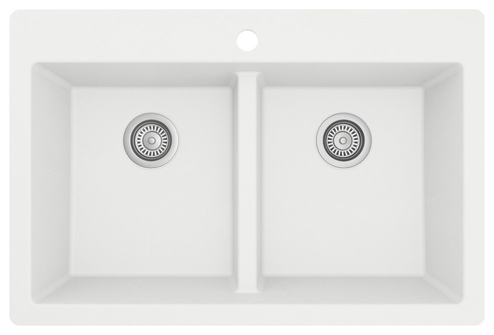 Karran 33" Top Mount Double Equal Bowl Quartz Kitchen Sink, White