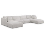 Meridian Furniture - Ease Polyester Upholstered U-Shaped Modular Sectional, Cream, 4 Piece: 2 Corner, 2 Armless, 2 Ottoman - Ease into comfort when you bring home this Ease fabric modular sofa. Designed with an uber casual vibe in mind, this plump sofa sits low to the floor, making it a simplistically perfect addition to a living room, den, game room, teen's room, or dorm room. This fun sofa is part of a modular collection, so you can add it with other items in the Ease collection for a custom arrangement.