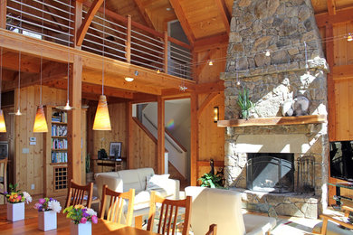 Inspiration for a large contemporary open concept living room remodel in Richmond with a standard fireplace and a stone fireplace