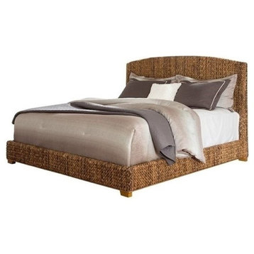 Bowery Hill Farmhouse Banana Leaf King Size Wood Panel Bed in Honey Brown