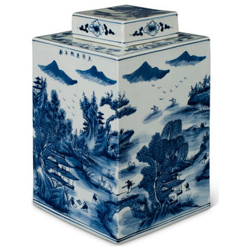 Blue and White Porcelain Scenery Chinese Tea Jar