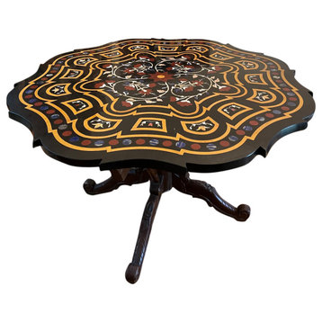 Consigned Vintage Inlaid Black Marble Round table, Wood Base Round Kitchen Table