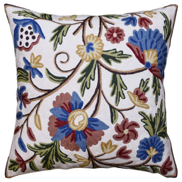 Suzani Pillow Cover Ivory Dahlia Decorative Floral Hand embroidered Wool 18x18"