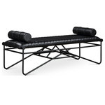 Meridian Furniture - Gatsby Vegan Leather Upholstered Bench, Black - Elevate your space effortlessly with this Gatsby Black Vegan Leather Bench. Swathed in soft black faux leather and anchored by a matte black iron metal frame, it boasts a contemporary design that's both sleek and stylish. The included rolled pillows give this bench an upscale yet comfortable look. Whether gracing your entryway with a touch of elegance or providing a chic accent at the foot of your bed, this versatile piece is sure to impress. Upgrade your home decor with this lovely vegan leather bench to give any space a touch of sophistication.