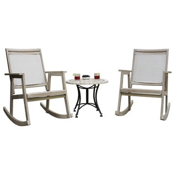 3-Piece Gray Wash Eucalyptus Sling Rocking Chair Set With Mosaic Accent Table