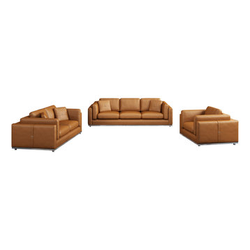 3 Pieces European Furniture Picasso Contemporary Luxury Sofa Set, Cognac